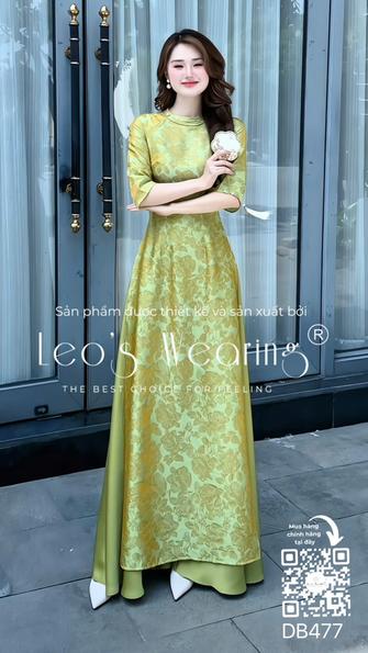Product image - DB477-Áo dài gấm tencel cổ tròn đính ngọc, tay lửng+Quần lụa xanh lá mạ