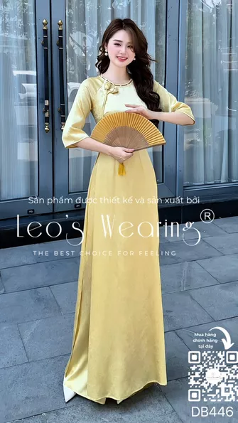 Product image - DB446-Áo dài lụa thạch anh cổ tròn thắt dây đính hoa, tay lửng+Quần lụa vàng