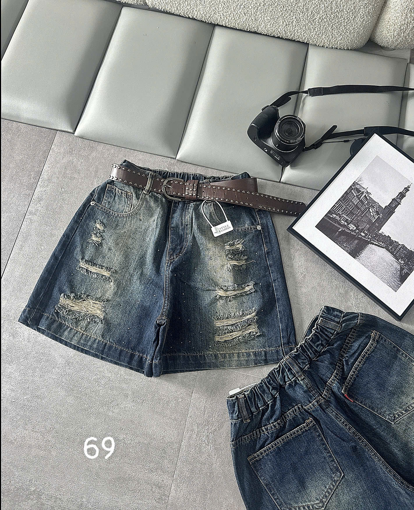 Ảnh thực tế bổ sung quần short jean rách bigsize QSJ69 lưng thun xanh wash