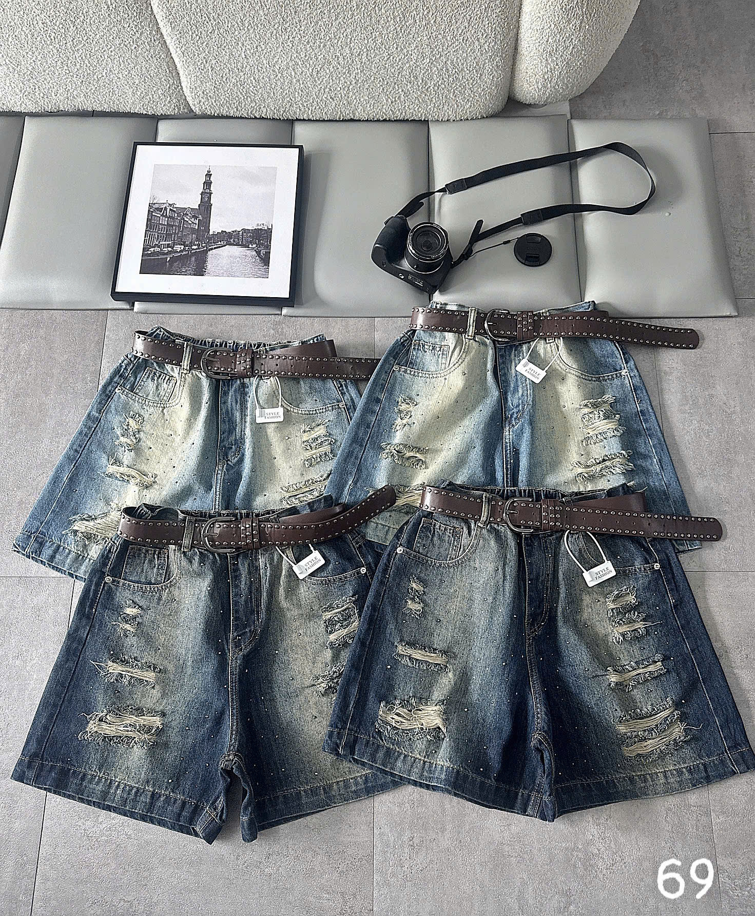 Ảnh tổng thể nhiều quần short jean rách bigsize QSJ69 xanh wash