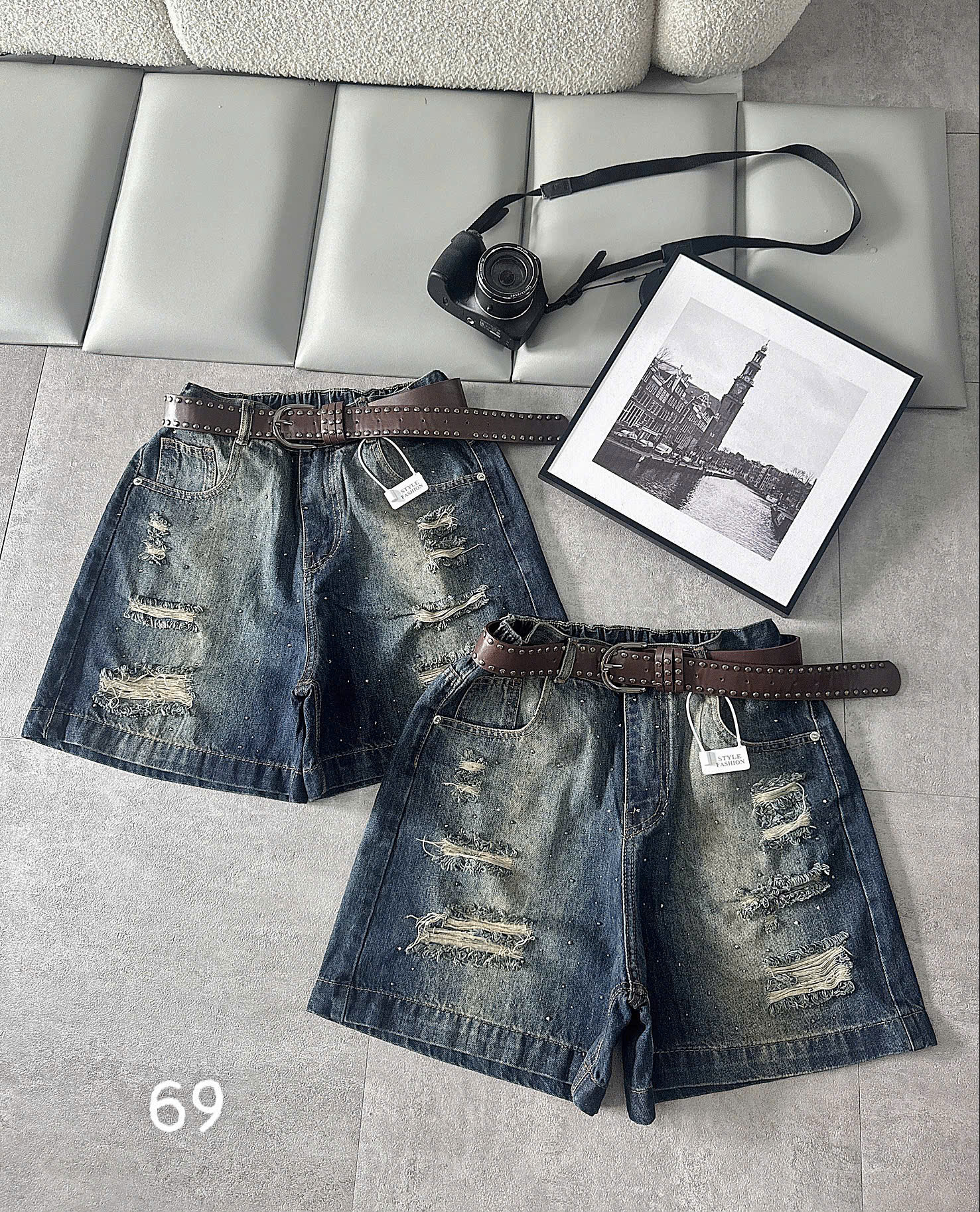 Quần short jean ngố bigsize QSJ69 ảnh tổng thể form ống và màu wash