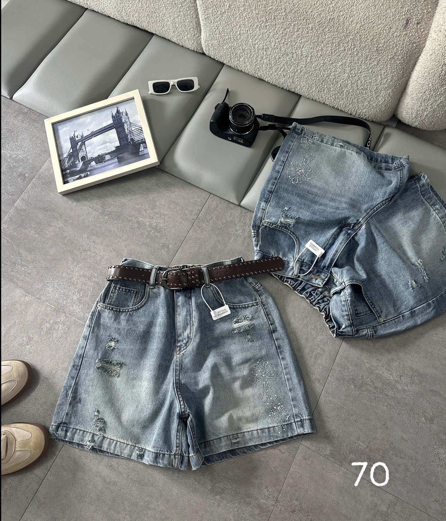 Ảnh quần short jean lửng ép đá chữ thập bigsize T-QSJ70 màu xanh jean