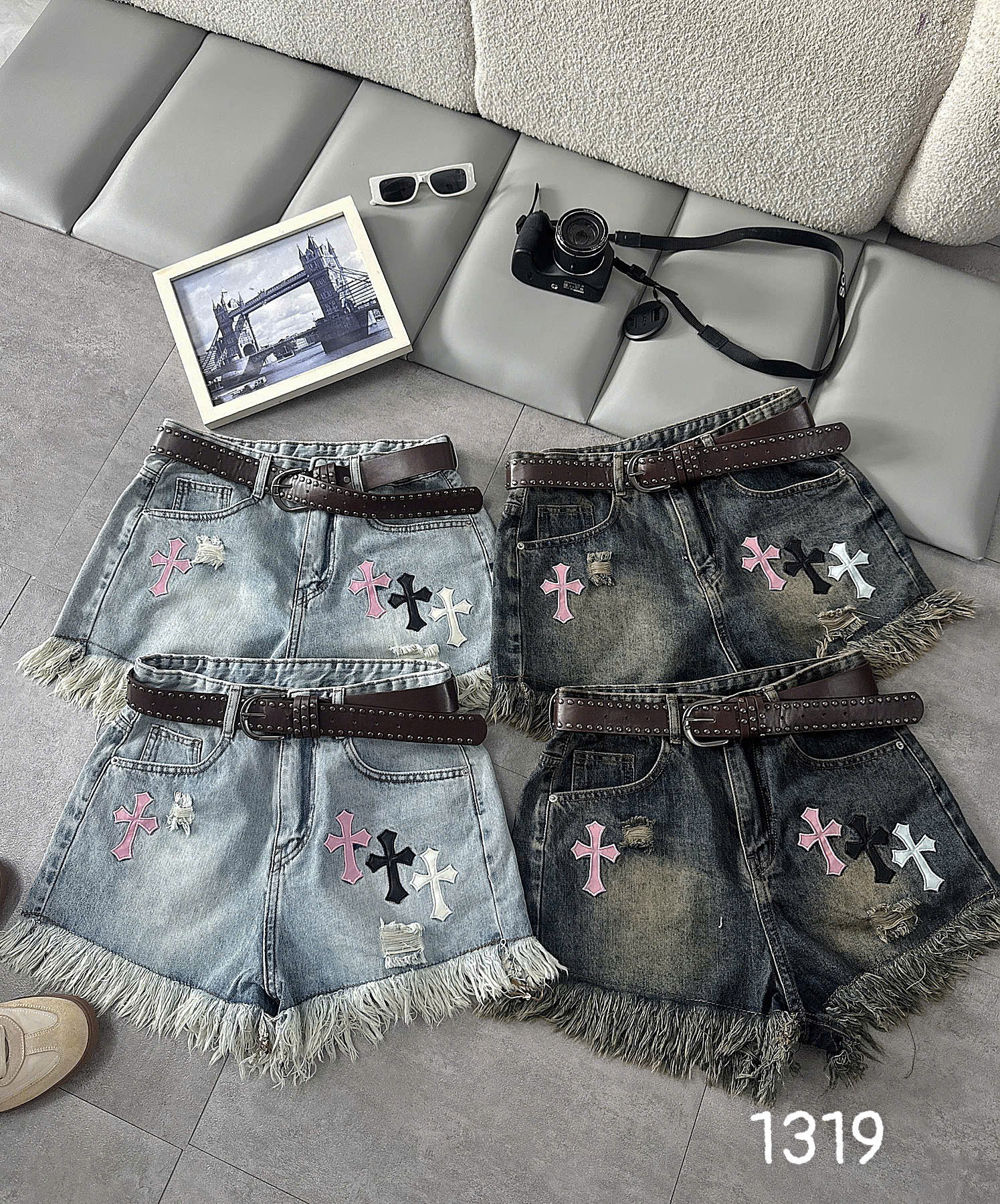 Quần short jean thêu chữ thập bigsize T-QSJ1319 ảnh cận chi tiết