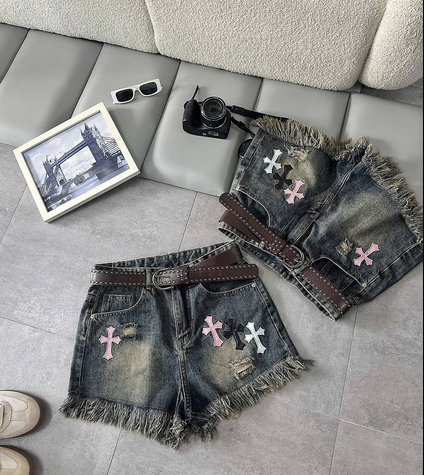 Ảnh cuối kiểm tra quần short jean thêu chữ thập bigsize T-QSJ1319