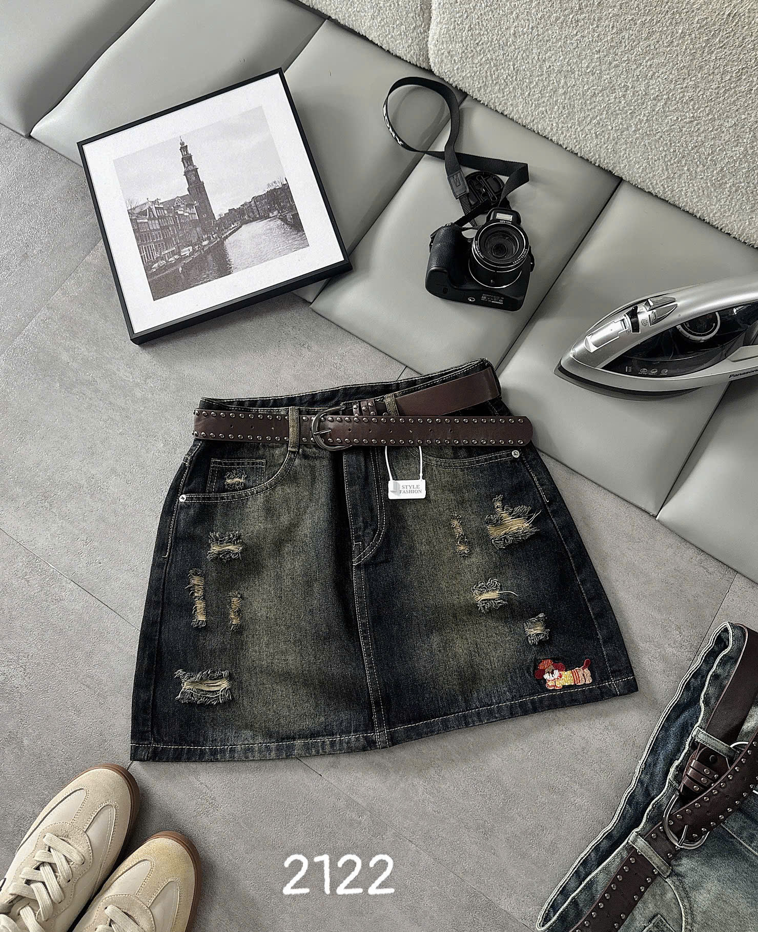 Ảnh tổng thể chân váy jean thêu wax rách bigsize lưng cao T-JV2122