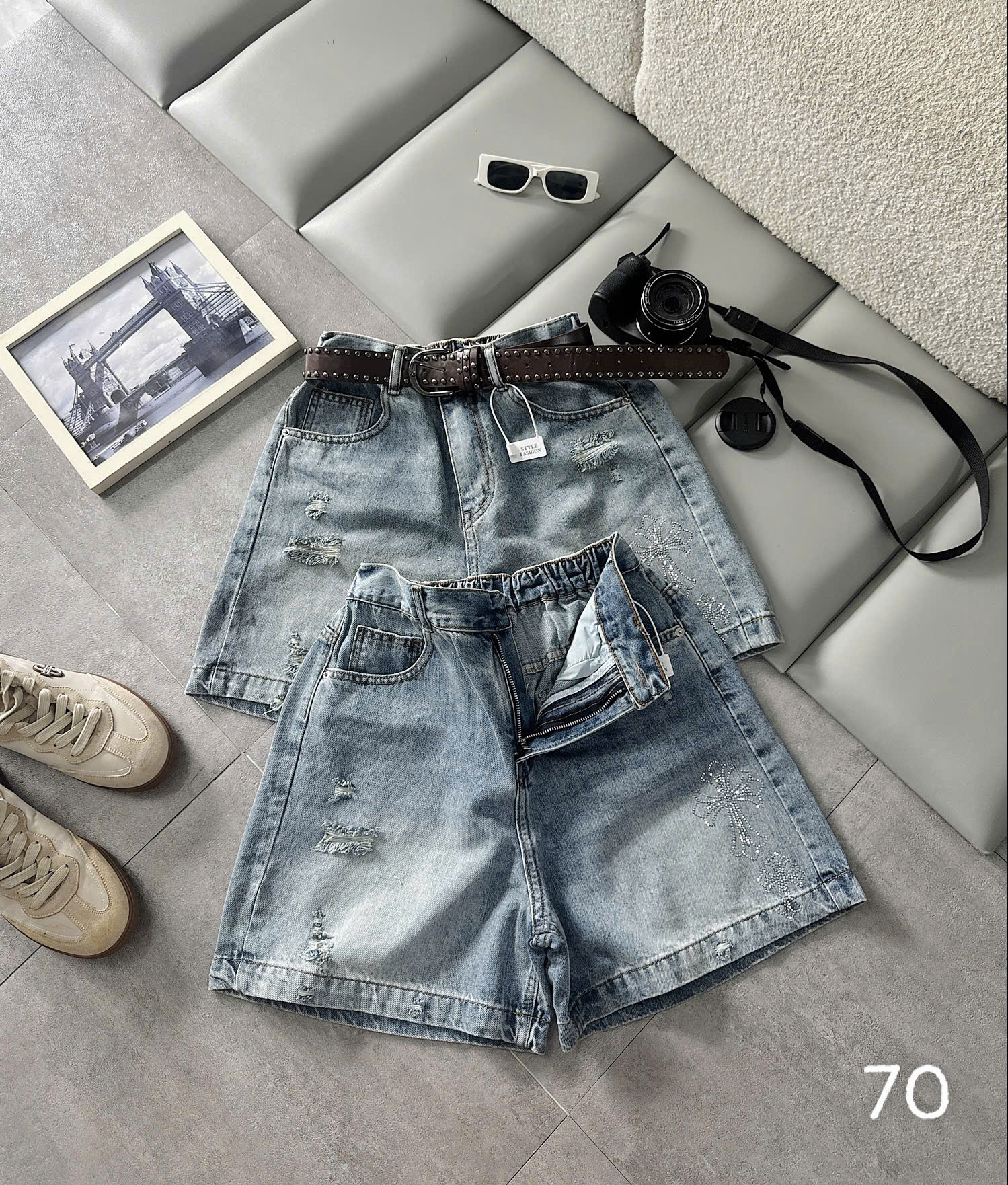 Ảnh kiểm tra form quần short jean lưng thun ép đá chữ thập bigsize T-QSJ70