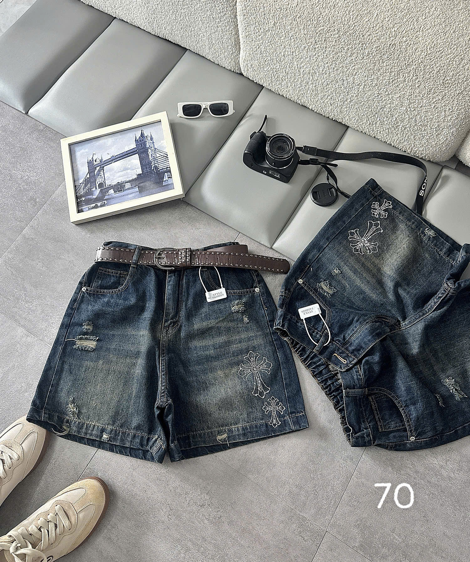 Ảnh mặc thật quần short jean lửng lưng thun ép đá chữ thập bigsize T-QSJ70