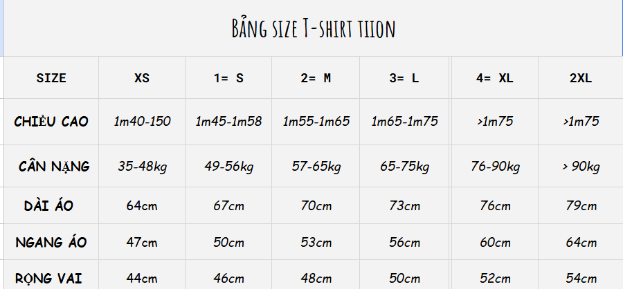 Bảng size TIION