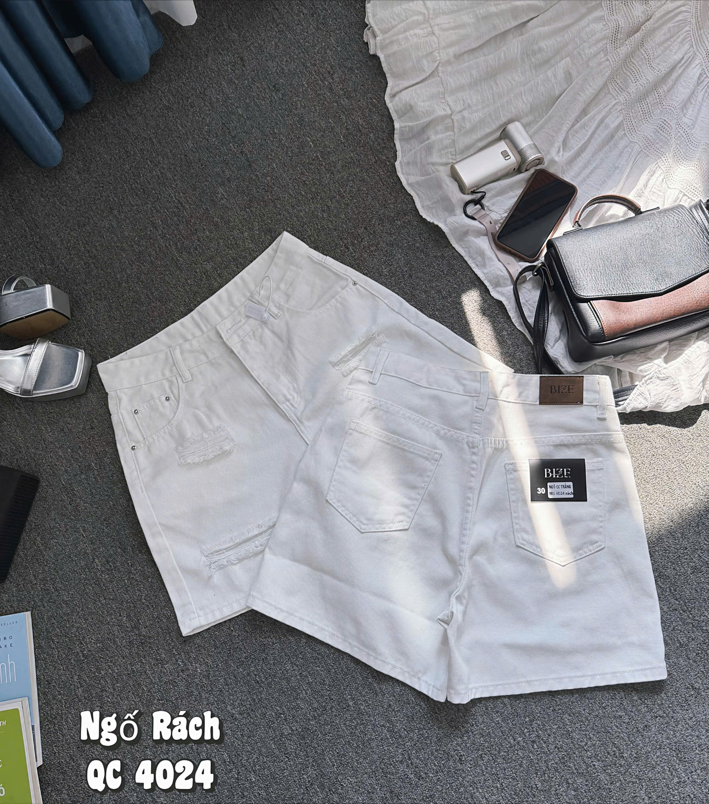 Quần short jean lửng rách bigsize trắng T-QSJ4024 ảnh thật tổng thể