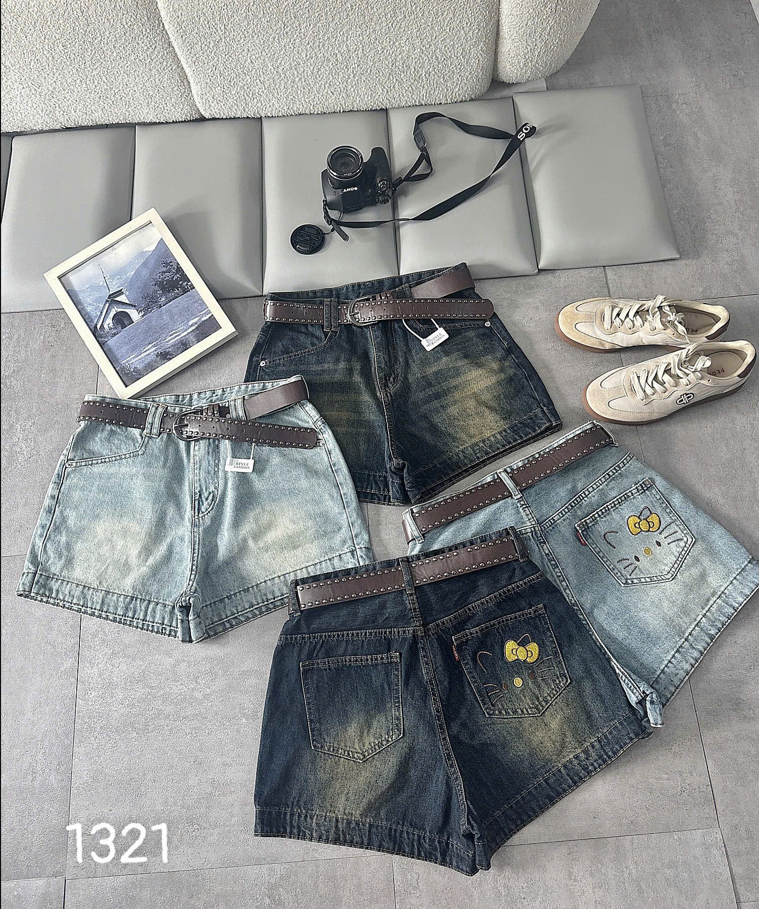 Tổng thể quần short jean thêu mèo nơ bigsize T-QSJ1321 nhiều tông xanh jean
