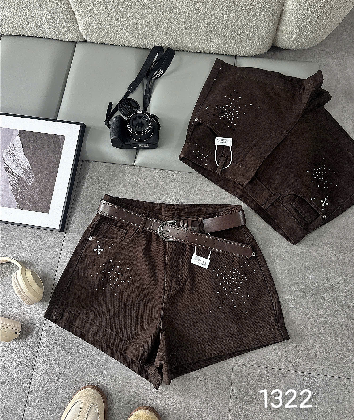 Quần short jean ép đá bigsize T-QSJ1322 màu nâu đậm dễ phối áo sáng màu