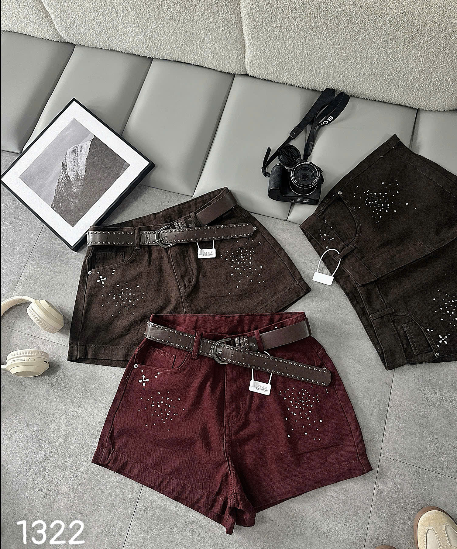 Quần short jean ép đá bigsize T-QSJ1322 màu nâu đậm và đỏ đô cận thân trước