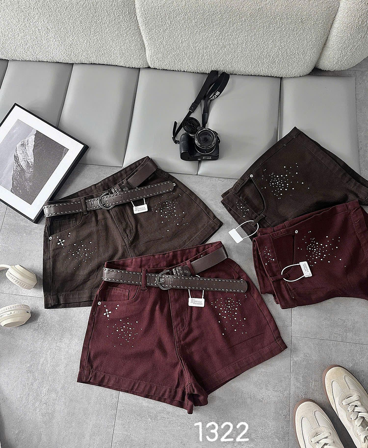 Quần short jean ép đá bigsize T-QSJ1322 ảnh nhóm màu nâu đậm đỏ đô
