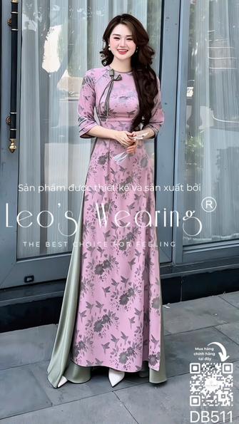 Product image - DB511-Áo dài lụa cổ tròn đính hoa, tay ngắn hồng tím xếp tầng+Quần lụa xanh