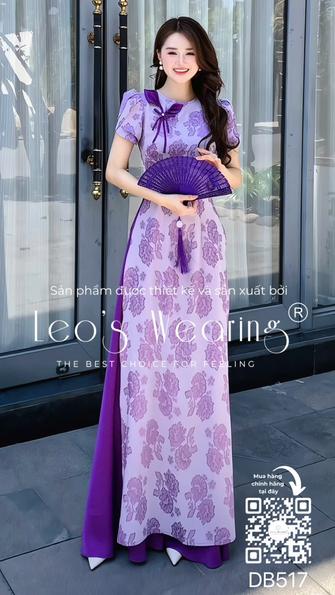 Product image - DB517-Áo dài lụa cổ tròn đính hoa, tay ngắn xếp tầng+Quần lụa tím