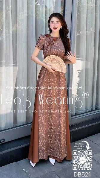 Product image - DB521-Áo dài lụa cổ tròn đính hoa, tay ngắn xếp tầng+Quần lụa nâu