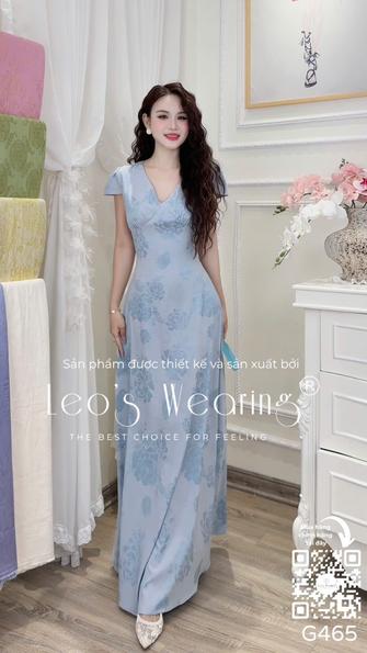 Product image - G465-Đầm lụa cao cấp dáng ôm cổ tym tay ngắn màu xanh