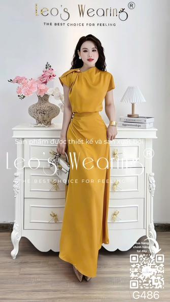Product image - G486-Sét áo lụa cổ chéo xếp ly đính cúc hoa, tay ngắn+Chân váy dài vàng