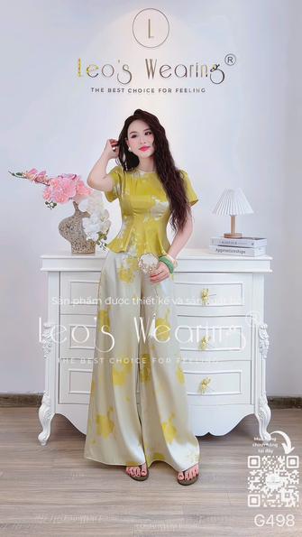 Product image - G498-Sét áo lụa hai da cao cấp họa tiết lá tre cổ tròn, tay ngắn+Quần dài vàng