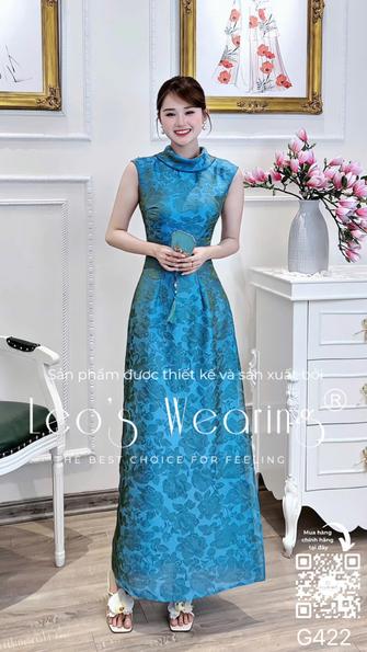 Product image - G422-Đầm xẻ tơ tằm tencel dáng dài họa tiết hoa, cổ cách điệu màu xanh ngọc bích