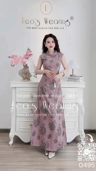 Product image - G495-Đầm lụa xẻ cổ cách điệu tay cọc họa tiết hoa hồng