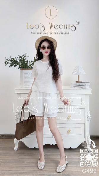 Product image - G492-Sét áo linen cổ tym xoắn eo, tay ngắn+Quần đùi trắng