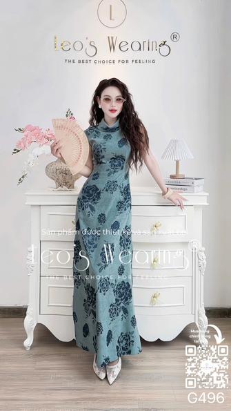 Product image - G496-Đầm lụa xẻ cổ cách điệu tay cọc họa tiết hoa xanh