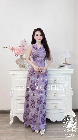 Product image - G491-Đầm lụa cổ đổ tay sát nách dáng dài họa tiết hoa tím