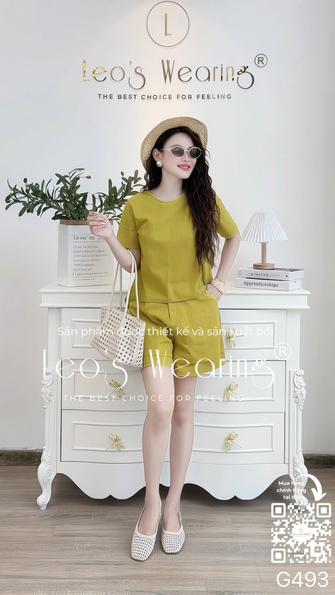 Product image - G493-Sét áo linen cotton xô cổ tym xoắn eo, tay ngắn+Quần đùi xanh