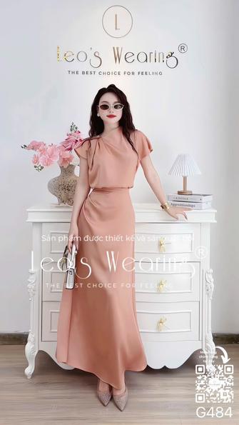 Product image - G484-Sét áo lụa cổ chéo xếp ly đính cúc hoa, tay ngắn+Chân váy dài cam pastel đào