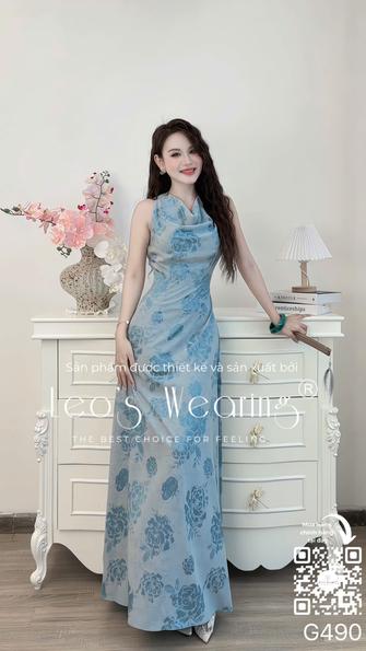 Product image - G490-Đầm lụa cổ đổ tay sát nách dáng dài họa tiết hoa xanh