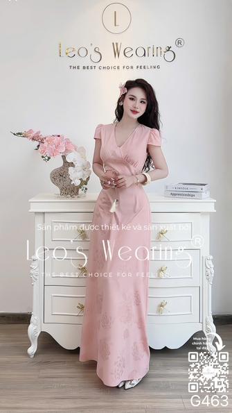 Product image - G463-Đầm lụa cao cấp dáng ôm cổ tym tay ngắn màu hồng