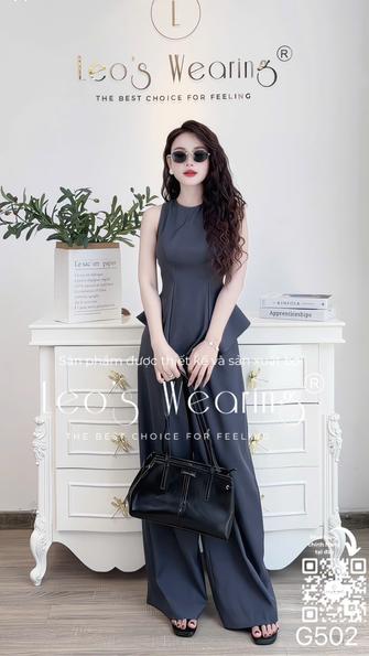 Product image - G502-Sét áo peplum cổ tròn sát nách+Quần dài suông xanh ghi