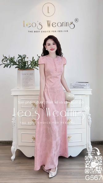 Product image - G567-Đầm lụa cao cấp dáng dài, cổ tròn đính nút, tay ngắn họa tiết hoa hồng