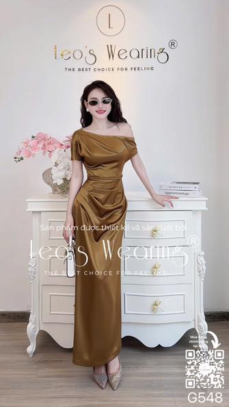 Product image - G548-Đầm lụa cao cấp dáng dài, trễ vai, nhún eo nâu