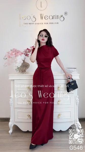 Product image - G546-Đầm lụa cao cấp dáng dài, cổ tròn cách điệu, tay ngắn kèm dây thắt eo đỏ