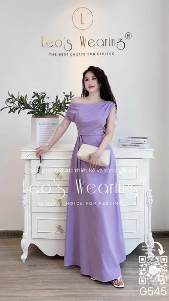 Product image - G545-Đầm linen dáng dài, trễ vai cách điệu kèm dây thắt eo tím