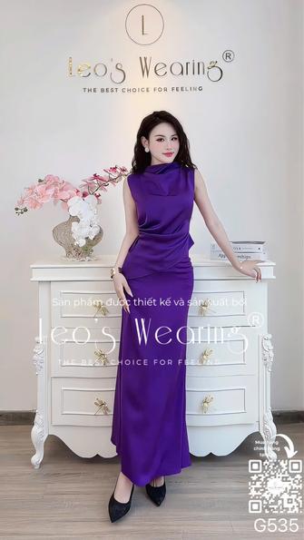 Product image - G535-Sét áo lụa cổ cao thiết kế dây rút chiết eo khéo léo+Chân váy dài tím