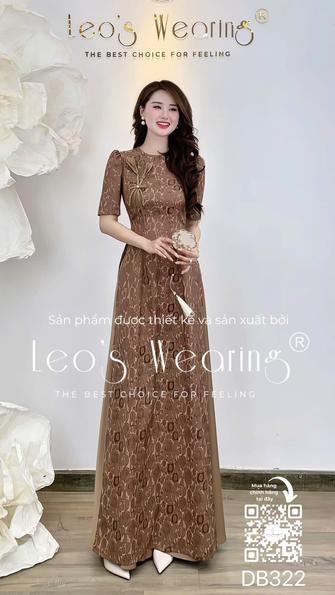 Product image - DB322-Áo dài lụa cổ tròn đính hoa, tay ngắn+Quần lụa nâu