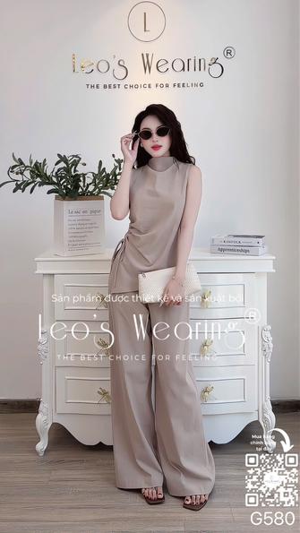 Product image - G580-Sét áo cổ cao tay sát nách thiết kế dây rút chiết eo khéo léo+Quần suông dài be