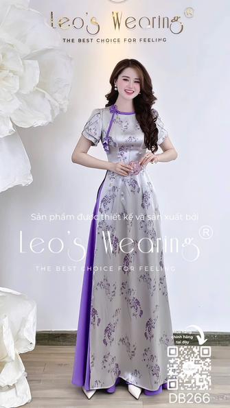 Product image - DB266-Áo dài lụa 2 da cổ tròn đính nơ, tay ngắn xếp tầng+Quần lụa tím