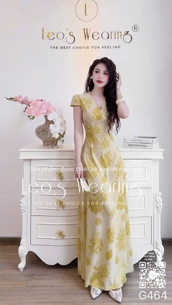 Product image - G464-Đầm lụa cao cấp dáng ôm cổ tym tay ngắn màu vàng