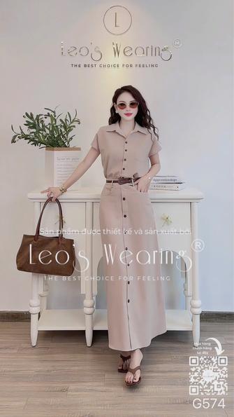 Product image - G574-Sét áo sơmi linen cotton tay ngắn+Chân váy be đính nút