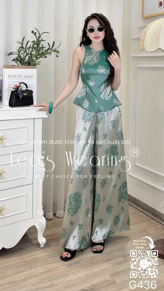 Product image - G436-Sét áo yếm lụa hai da cao cấp họa tiết hoa+Quần dài xanh