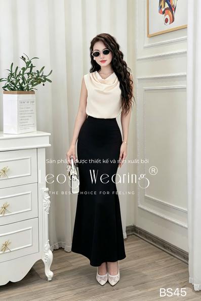 Product image - BS45-Chân váy lụa đuôi cá dáng dài màu đen thanh lịch