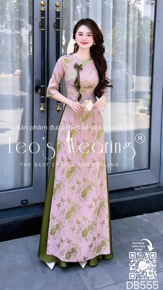 Product image - DB555-Áo dài lụa cổ tròn đính nơ, tay lửng hồng tím+Quần lụa xanh