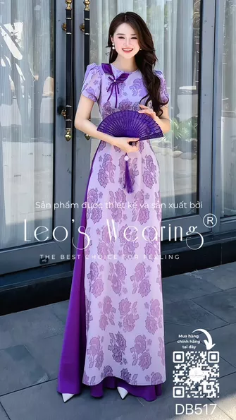 Product image - DB517-Áo dài lụa cổ tròn đính hoa, tay ngắn xếp tầng+Quần lụa tím