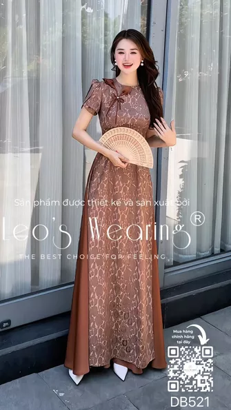 Product image - DB521-Áo dài lụa cổ tròn đính hoa, tay ngắn xếp tầng+Quần lụa nâu