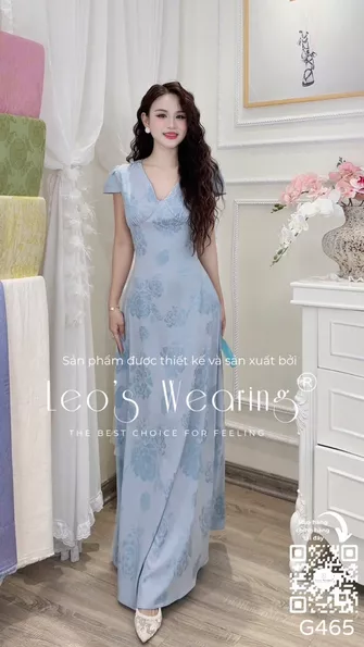 Product image - G465-Đầm lụa cao cấp dáng ôm cổ tym tay ngắn màu xanh