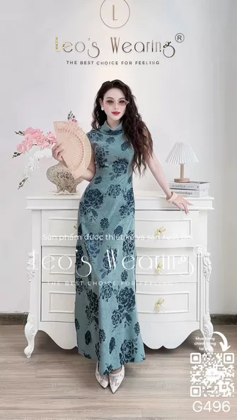 Product image - G496-Đầm lụa xẻ cổ cách điệu tay cọc họa tiết hoa xanh